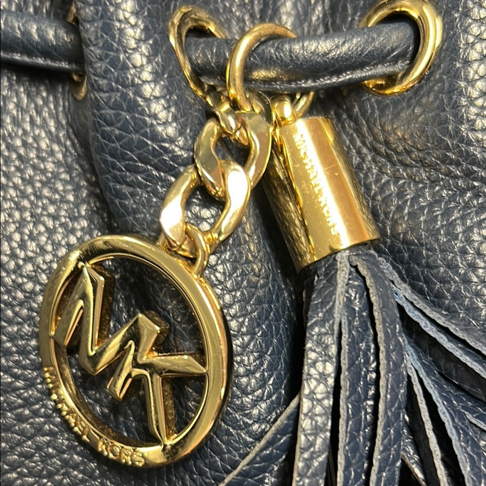 Michael Kors Navy Pebbled Leather Drawstring Crossbody with Gold MK Charm - Picture 7 of 11
